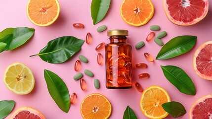 Wall Mural - Citrus fruit and fresh leaves spreading out of pill bottle on pastel pink background Creative supplementary health food nutrition Boost immune system with vitamin tablets Flat lay copy : Generative AI