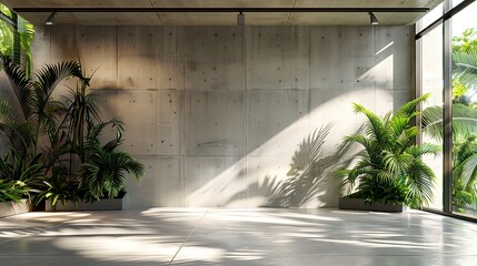 Poster - Blank concrete wall in modern empty room with tropical plant garden Luxury house interior with green palm trees Minimal architecture design : Generative AI