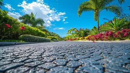 Wall Mural - Empty street at the nice and comfortable garden background with nice blue sky : Generative AI