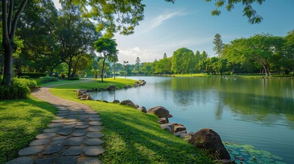Poster - Panorama public park with clipping path : Generative AI