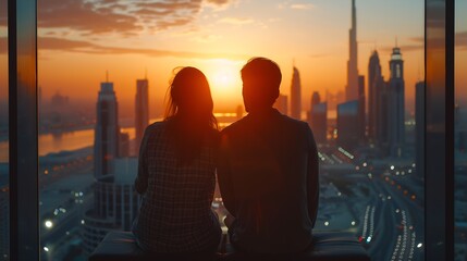 Wall Mural - A couple on holidays enjoys the panoramic view over the city skyline of Dubai UAE during sunrise : Generative AI