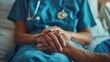 © Generative AI - Close up of nurse holding hands with female patient in hospital room with care and support copy space : Generative AI
