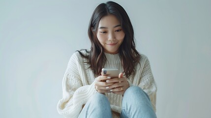 Aufkleber - Young beautiful Asian woman in casual clothes sitting on the floor and using her smartphone isolated white background chatting video call social media : Generative AI