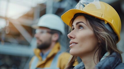 Aufkleber - Engineer and female foreman worker team checking project at precast factory site Engineer and builders in hardhats discussing on construction site : Generative AI