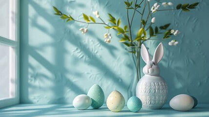 Minimalist composition of easter living room interior with copy space easter bunny sculpture colorful easter eggs vase with leaves wall with stucco and personal accessories Home decor  : Generative AI