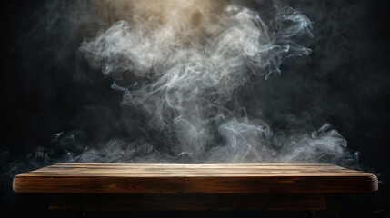 Aufkleber - On a black background an empty wooden table with smoke floats up Empty space for displaying your products with a smoke float up on a dark background Space available for displaying your : Generative AI
