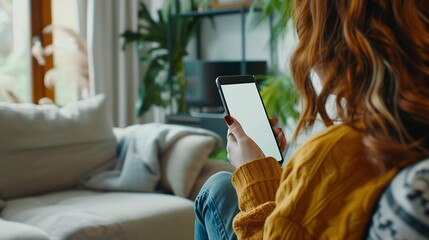 Aufkleber - Mockup image of a woman holding and using mobile phone with blank desktop white screen at home : Generative AI