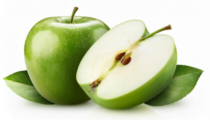 Wall Mural - green apple fruit, slice and half isolated on white background