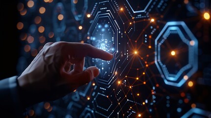 Fototapete - Businessman touching and pressing hexagon honey screen display hologram button interface by finger on dark black background Internet and Virtual Reality concept Business and technology : Generative AI