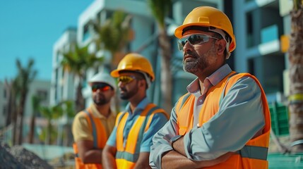 Aufkleber - A team of construction engineers talks to managers and construction workers at the construction site Quality inspection work plan home and industrial building design project : Generative AI