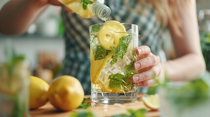 Poster - Closeup of a female hands and a glass of lemonade with mint leaves A young woman prepares a delicious ice drink with a slice of lemon A girl in casual clothes cuts a lemon in the kitch : Generative AI