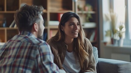 Young couple talking about marriage problems sitting at family therapist office during therapy session Male psychologist listening his patients trying to find solution Mental health co : Generative AI