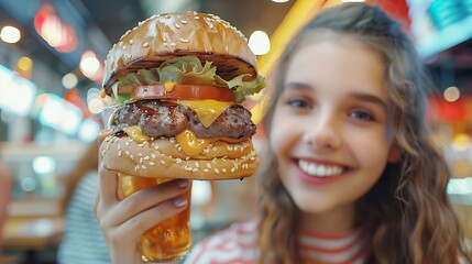 Happy positive smiling teen teenager girl young woman is holding big juicy fat burger hamburger and glass of soda in shopping mall on food court Fast food restaurant junk unhealthy mea : Generative AI