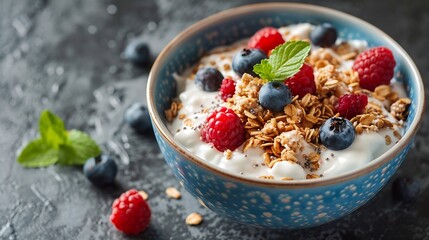 Poster - Healthy protein Cottage cheese breakfast bowl with granola blueberry and raspberry : Generative AI