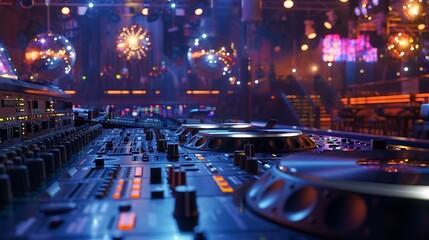Poster - Empty DJ mixing panel at funky club spotlights and disco ball at the bar used for dancing and clubbing Dance floor at discotheque with audio equipment station used for partying nightli : Generative AI