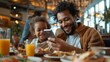 © Generative AI - Happy father paying contactless with mobile phone while having breakfast with his family in a hotel : Generative AI