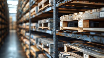 Metal warehouse shelves Modern logistics warehouse Shelves for storing goods and goods Empty shelves with wooden pallets Cargo storage : Generative AI