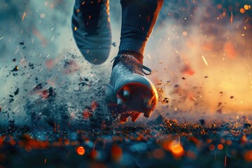 Close-up shot of a soccer player kicking a ball, perfect for sports and fitness related themes