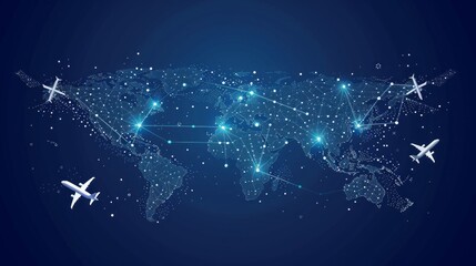 Wall Mural - Abstract vector background featuring flying white airplanes and world map routes on a blue canvas - air travel concept with line art illustration for travel and aviation themes