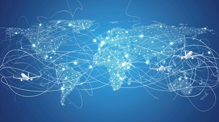 abstract vector background featuring flying white airplanes and world map routes on a blue canvas - 