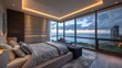 © Generative AI - Modern and luxurious master bedroom with views of Chicago and Lake Michigan Condo or Hotel accommodation : Generative AI