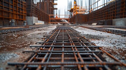 Large reinforced concrete structures at the construction site Preparation for the installation of reinforced concrete products Construction work on the construction of foundations : Generative AI