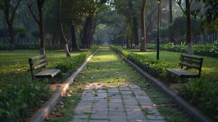 Poster - Empty park walkway lawn in Ramna Dhaka Bangladesh Nature forest Road concrete empty path : Generative AI