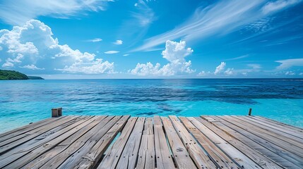 Wall Mural - Wooden floor platform and blue sea with sky background : Generative AI