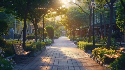 Wall Mural - Empty street at the nice and comfortable garden at the morning with lovely beautiful sky : Generative AI