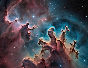 Wall Mural - Colorful space galaxy cloud nebula with fluid organic forms in light crimson and light azure. with starry night cosmos realistic fantasy artwork background.