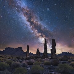 Sticker - Milky Way galaxy over tall rock formations in a desert landscape.