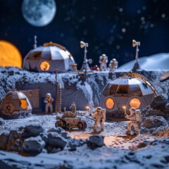 Poster - Miniature astronauts explore a lunar base with a rover under a night sky.