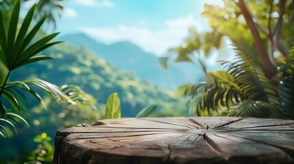 Aufkleber - Surreal wood podium with tropical forest plant blur blue sky montains landscape nature backgroundProduct present natural placement pedestal minimal displaysummer paradise dreamy concep : Generative AI
