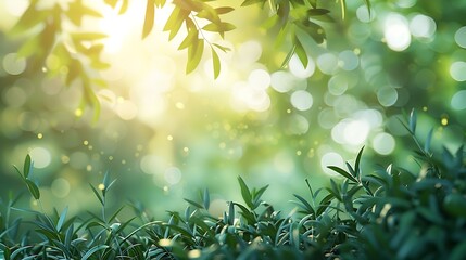 Poster - Blurred photogreen tree background View of the wild grass lawn Light sky : Generative AI