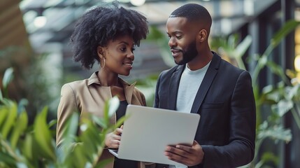 Poster - African american male and female colleague using laptop and talking standing in office copy space : Generative AI