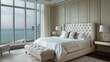 © Generative AI - Modern and luxurious master bedroom with views of Chicago and Lake Michigan Condo or Hotel accommodation : Generative AI