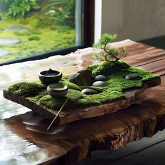 Wall Mural - Miniature zen garden with moss, stones, and teacups on wooden table.