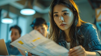 Poster - Diverse engineer team working at the office table with construction plans and architect equipment and planning construction project Focus on an asian vietnamese woman team leader holdi : Generative AI