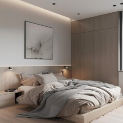 Sticker - Minimalist bedroom with a wooden headboard and a gray throw blanket.