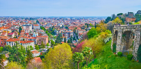 Poster - Panorama with Citta Bassa roofs and spring green garden, Bergamo, Italy