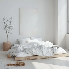 Wall Mural - Minimalist bedroom with white bedding, a wooden bed frame, and a large abstract painting on the wall.