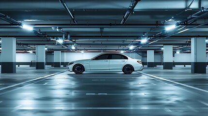 Poster - Single white car in an empty parking lot in an underground parking : Generative AI