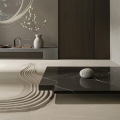 Sticker - Minimalist interior with black marble table and sand zen garden.