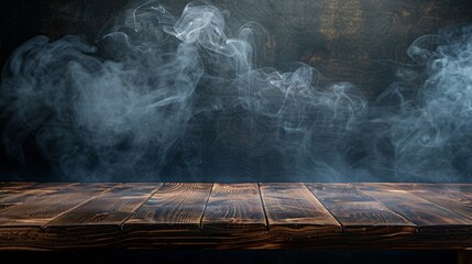 Aufkleber - On a black background an empty wooden table with smoke floats up Empty space for displaying your products with a smoke float up on a dark background Space available for displaying your : Generative AI