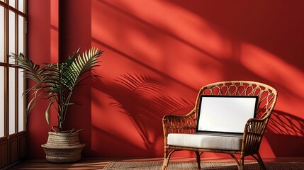 Aufkleber - Laptop computer with blank screen on comfortable rattan chair against red color wall Aesthetic template with mockup copy space Online store blog social media website branding Online sh : Generative AI