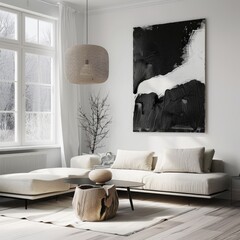 Sticker - Minimalist living room with white couch, wooden coffee table, and black and white abstract painting.