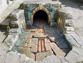 Wall Mural - Hyperreal 3D Illusion of Lost City Entrance in Urban Area