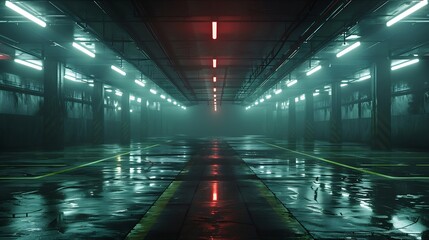 Poster - Sci fi looking dark and moody underground parking lot with fluorescent lights on  Long hall : Generative AI
