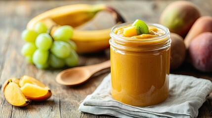 A jar of baby food with a napkin and fruits, ample room for copy