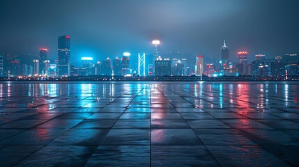 Poster - Empty square floors and city skyline with buildings in Zhoushan at night Zhejiang China : Generative AI